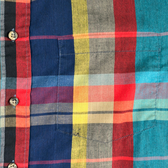 Vintage McGregor Shirt Adult LARGE Red Purple Green Patchwork Plaid Rainbow 80s - Picture 4 of 9